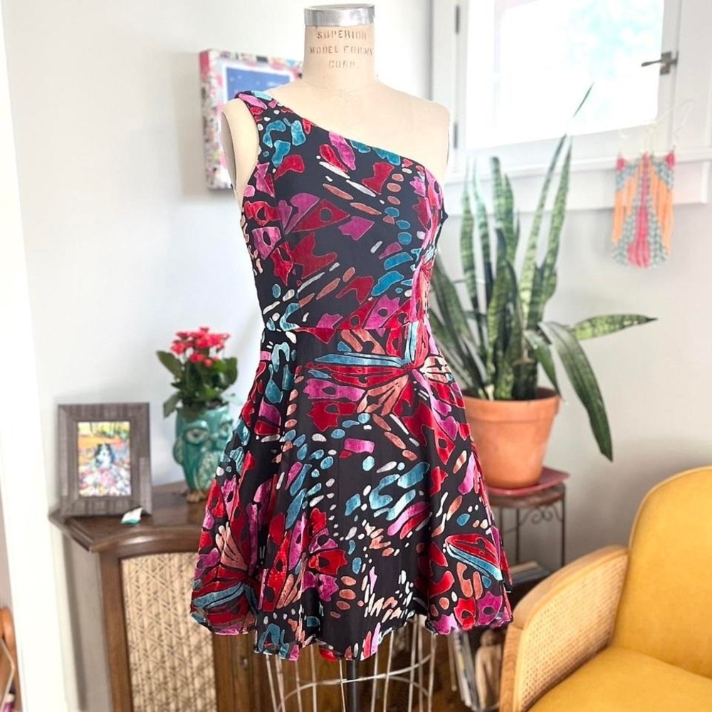City Studio vintage y2k one shoulder butterfly mini dress in‎ burnout velvet -